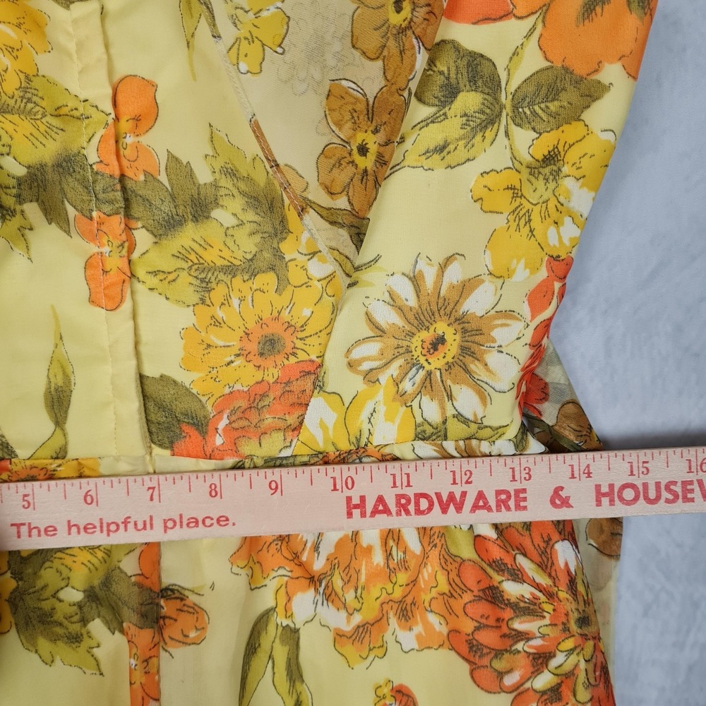 Vntg Floral Dress Jacket Womens 12 Yellow Chiffon Maxi 70s Mod Flutter Sleeve - Picture 14 of 16
